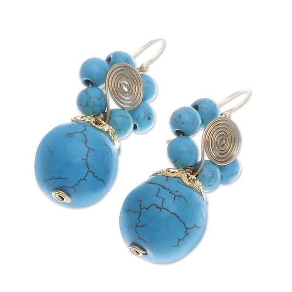 Alternate image for Magnesite Beaded Floral Dangle Earrings with Brass Spirals Cyan Bloom