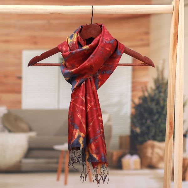 Alternate image for Handcrafted Tie-Dyed Patterned 100 Silk Scarf Small Lava Sea