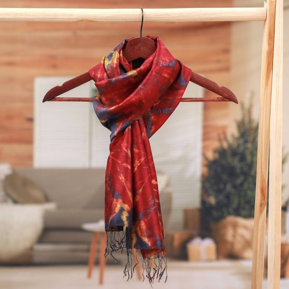 Handcrafted Tie-Dyed Patterned 100 Silk Scarf Small 'Lava Sea'