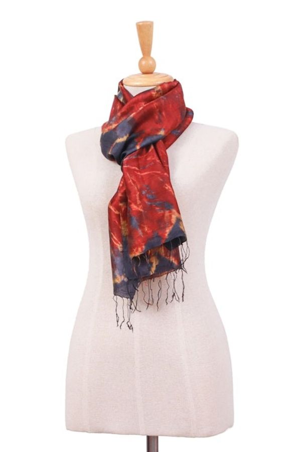 Alternate image for Handcrafted Tie-Dyed Patterned 100 Silk Scarf Small Lava Sea