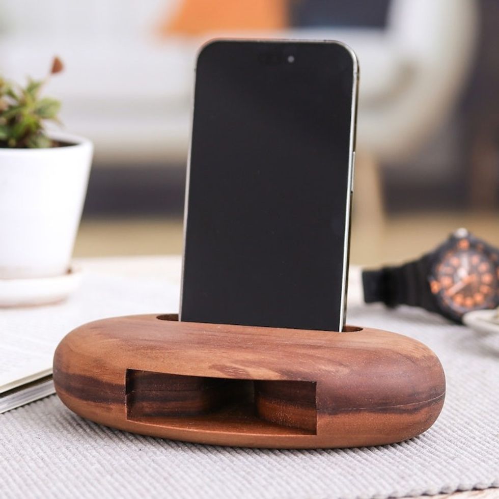 Hand-Carved Minimalist Oval Walnut Wood Phone Speaker 'Regal Sounds'