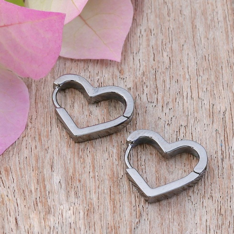 Heart-Themed Polished Rhodium-Plated Silver Hoop Earrings 'Everlasting Love'