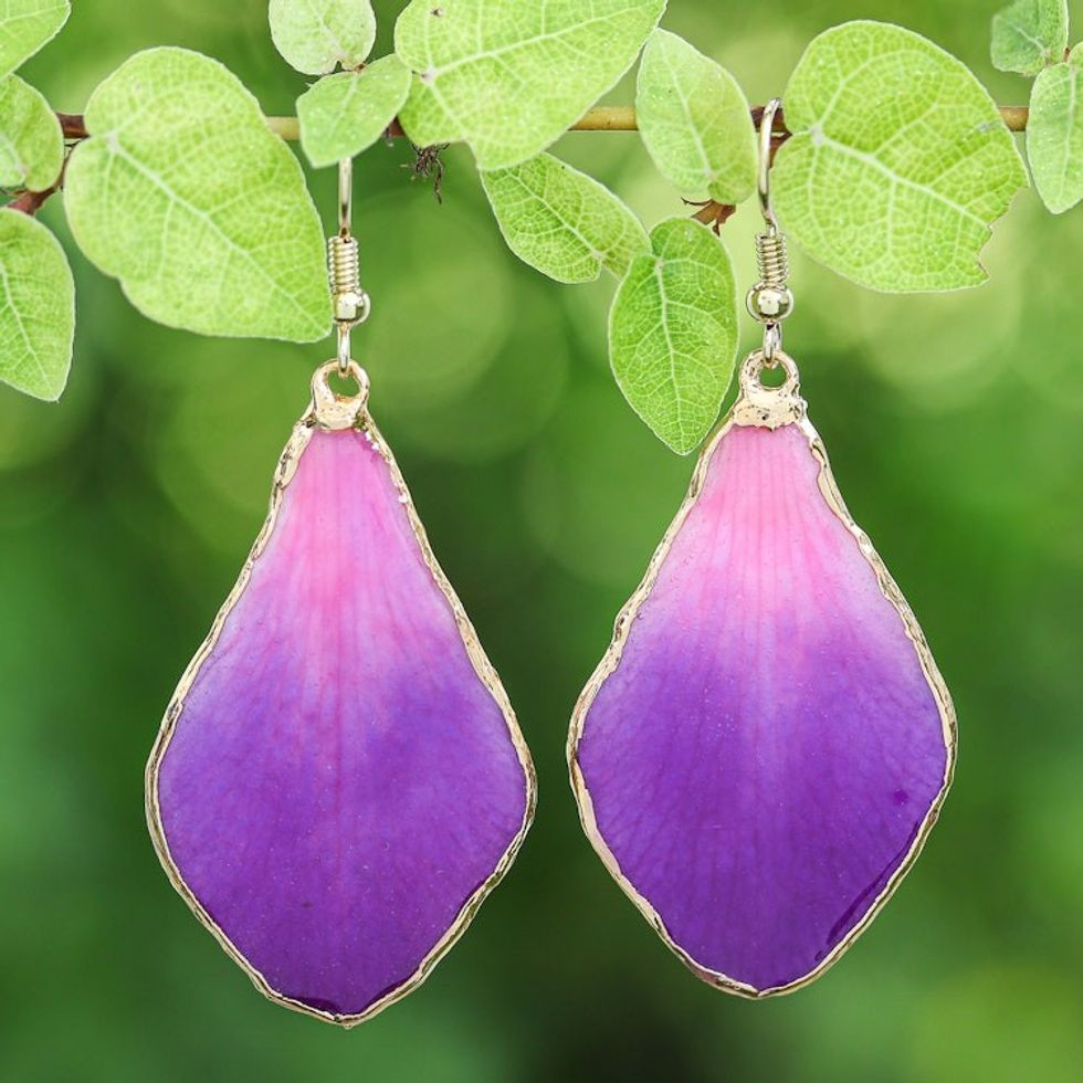 Fuchsia and Purple Petal 22k Gold-Accented Dangle Earrings 'Capricious Petal'