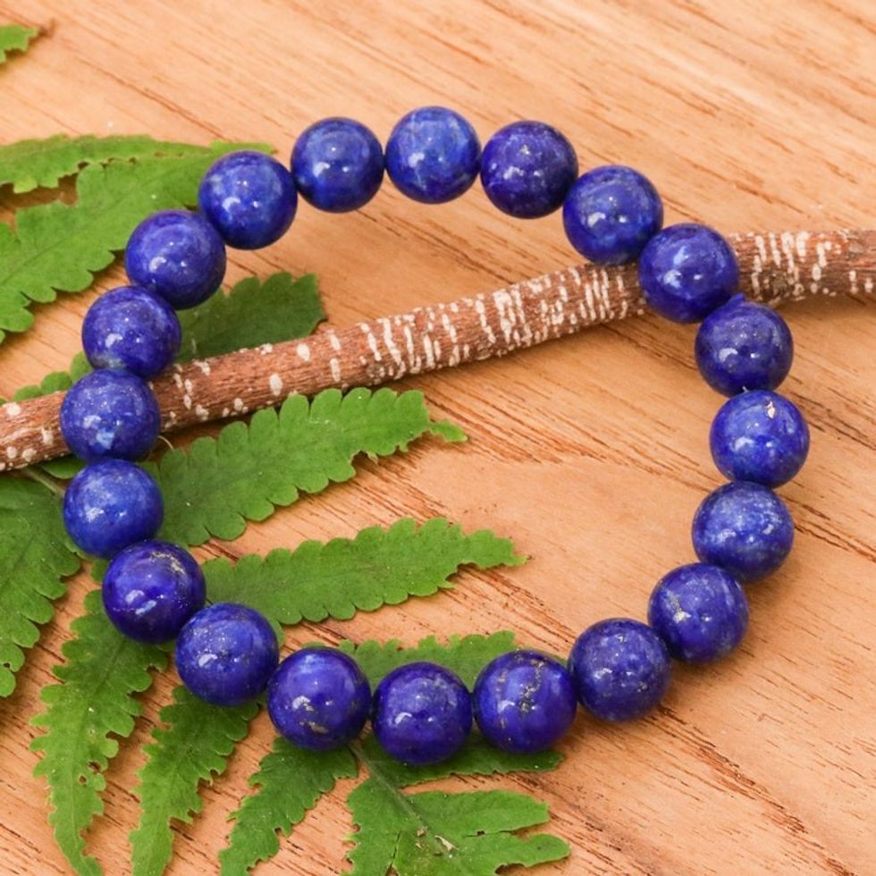 Handcrafted Thai Lapis Lazuli Beaded Stretch Bracelet 'Cool Mist'