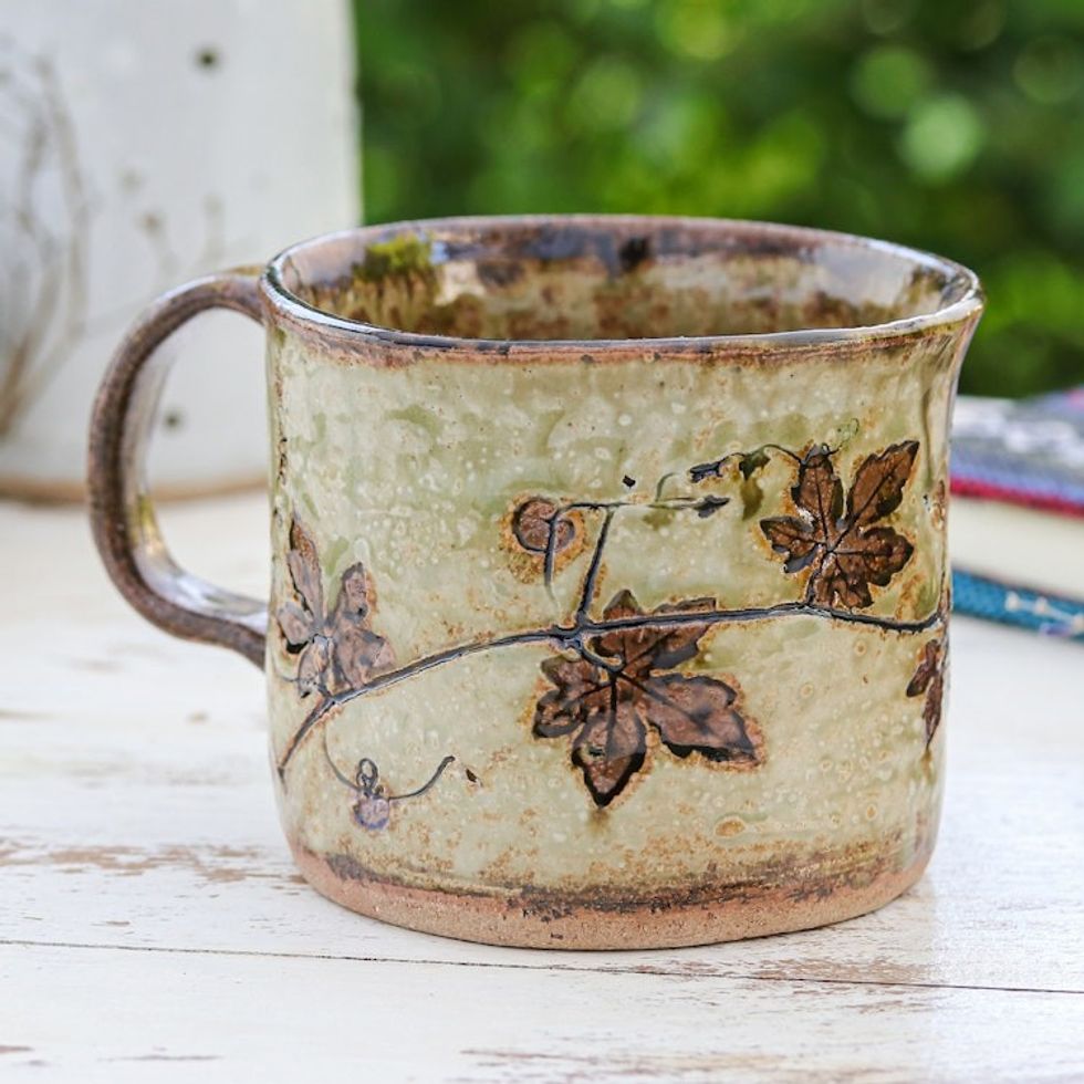 Crackled Finished Leafy Brown Ceramic Cup from Thailand 'Thai Eden in Brown'