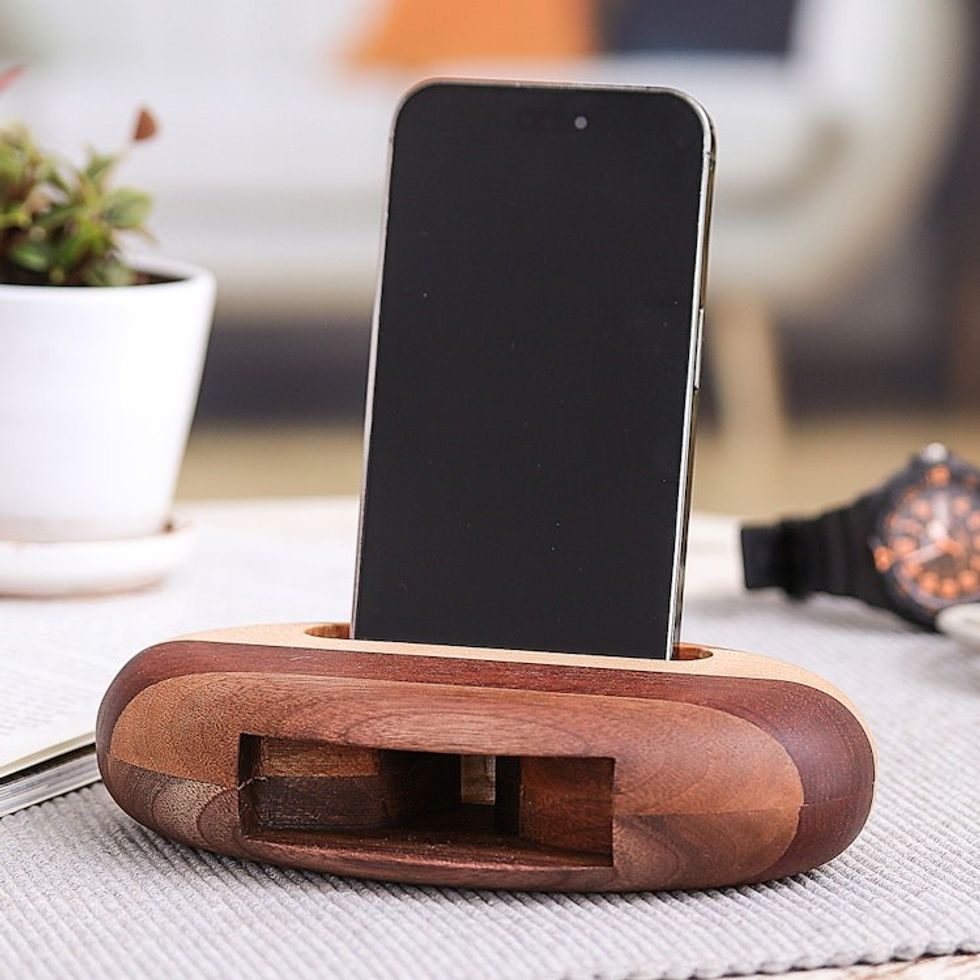Hand-Carved Minimalist Oval Striped Wood Phone Speaker 'Striped Sounds'