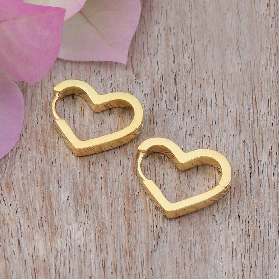 Romantic Heart-Shaped Polished 18k Gold-Plated Hoop Earrings 'Golden of Love'