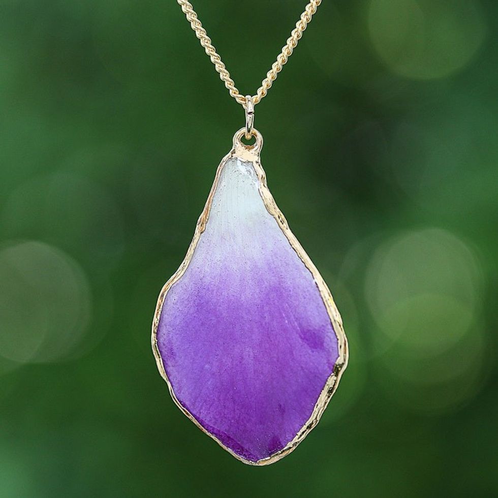 White and Purple Orchid 22k Gold-Accented Pendant Necklace 'Magical Petal'