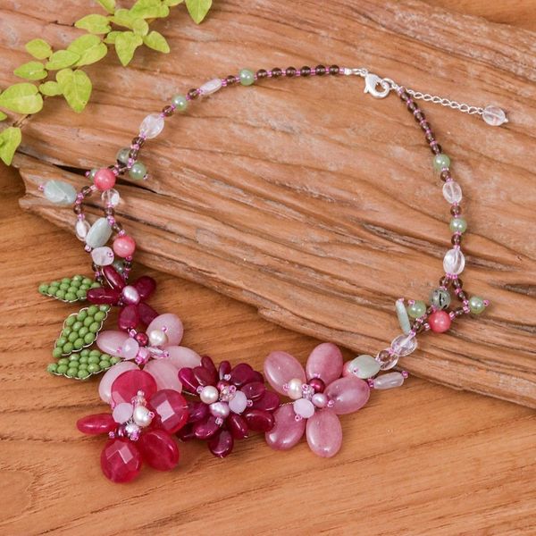Alternate image for Artisan-Made Floral Pink Quartz and Glass Beaded Necklace Dulcet Petals