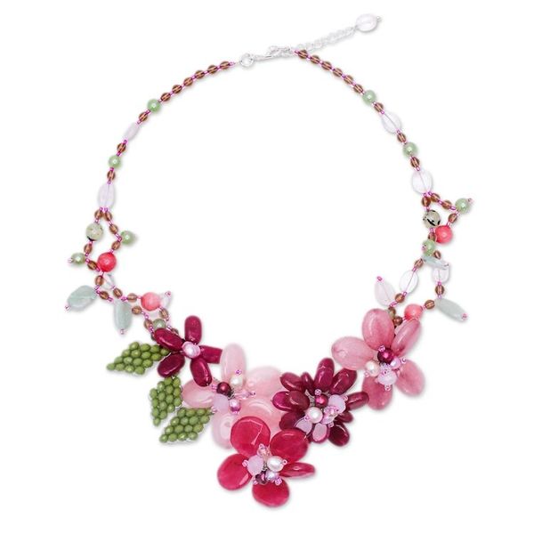 Alternate image for Artisan-Made Floral Pink Quartz and Glass Beaded Necklace Dulcet Petals