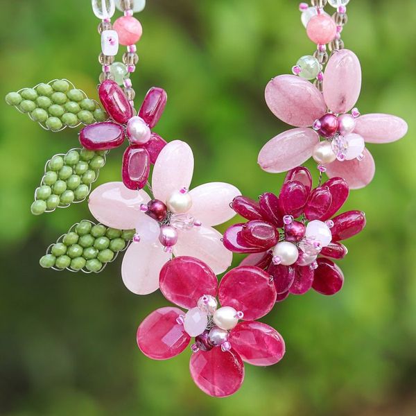 Alternate image for Artisan-Made Floral Pink Quartz and Glass Beaded Necklace Dulcet Petals