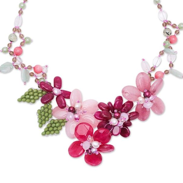 Alternate image for Artisan-Made Floral Pink Quartz and Glass Beaded Necklace Dulcet Petals