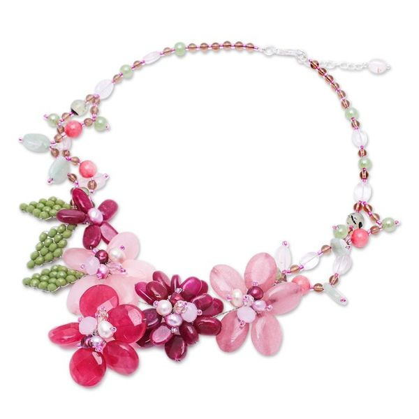 Alternate image for Artisan-Made Floral Pink Quartz and Glass Beaded Necklace Dulcet Petals