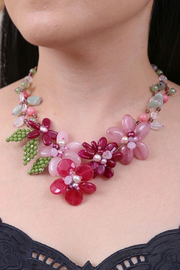 Alternate image for Artisan-Made Floral Pink Quartz and Glass Beaded Necklace Dulcet Petals