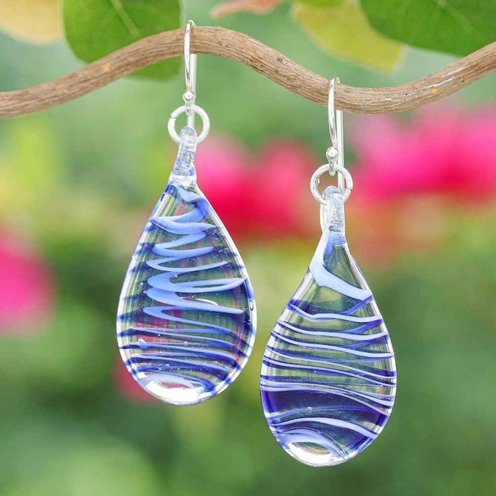 Handblown Glass Dangle Earrings with Azure Spirals 'Azure Ovate Leaf'