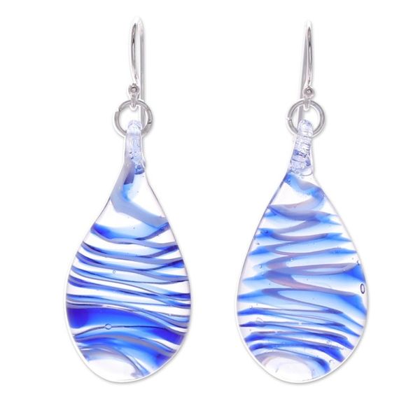 Alternate image for Handblown Glass Dangle Earrings with Azure Spirals Azure Ovate Leaf