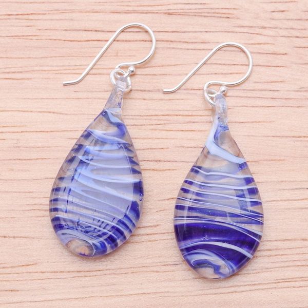 Alternate image for Handblown Glass Dangle Earrings with Azure Spirals Azure Ovate Leaf
