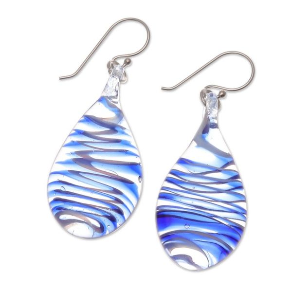 Alternate image for Handblown Glass Dangle Earrings with Azure Spirals Azure Ovate Leaf
