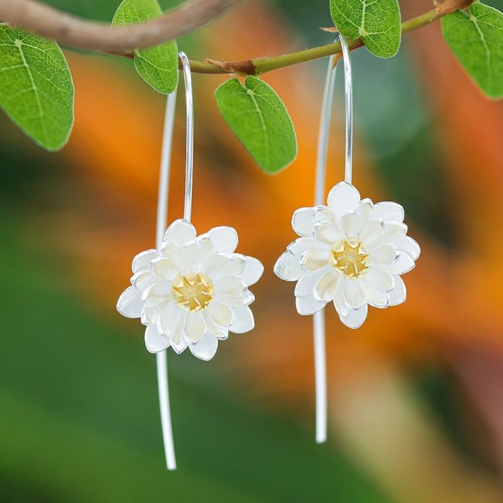 Flower-Shaped Gold-Accented Sterling Silver Drop Earrings 'Bright Chic Blossom'