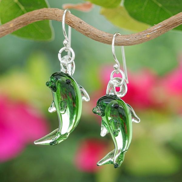 Alternate image for Handblown Dolphin-Shaped Glass Dangle Earrings in Green Dolphin Vitality