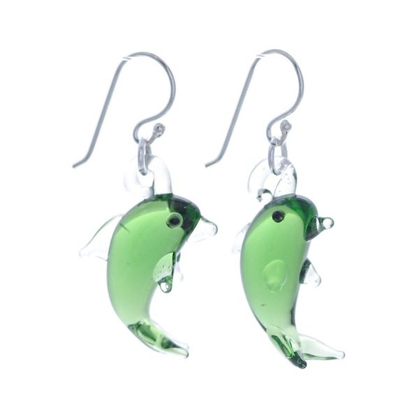 Alternate image for Handblown Dolphin-Shaped Glass Dangle Earrings in Green Dolphin Vitality