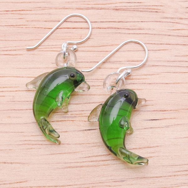 Alternate image for Handblown Dolphin-Shaped Glass Dangle Earrings in Green Dolphin Vitality