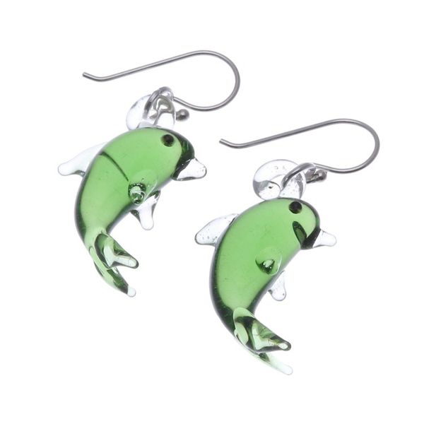 Alternate image for Handblown Dolphin-Shaped Glass Dangle Earrings in Green Dolphin Vitality