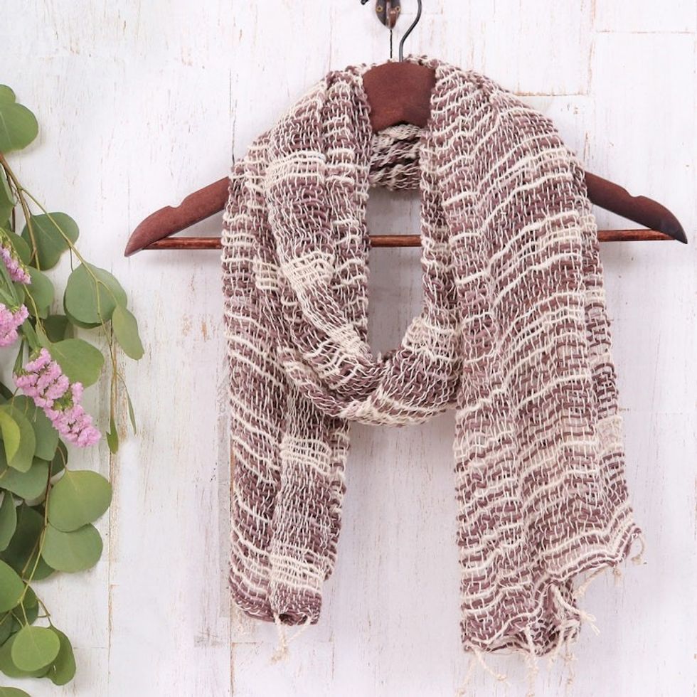 Open-Weave Hand-Woven Striped Fringed Brown Cotton Scarf 'Cozy Chic'