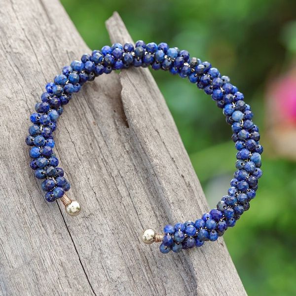 Alternate image for Lapis Lazuli Beaded Cuff Bracelet with Brass Fixtures Captivating Beauty