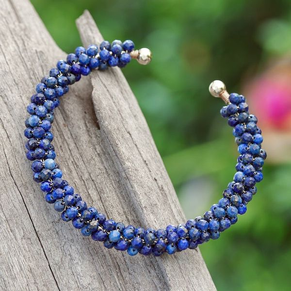Alternate image for Lapis Lazuli Beaded Cuff Bracelet with Brass Fixtures Captivating Beauty