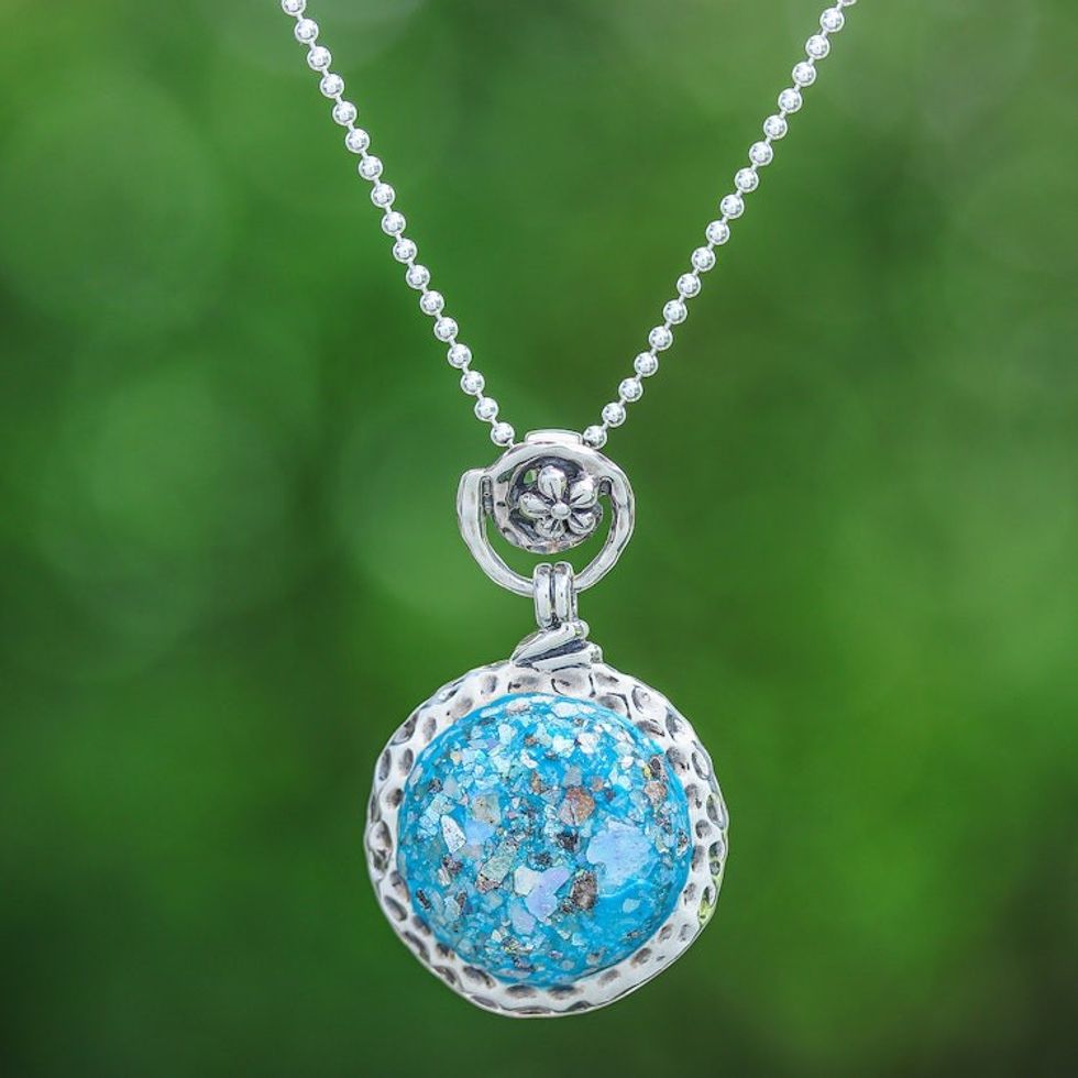 Floral-Inspired Roman Glass Pendant Necklace from Thailand 'Moonlight Petal'