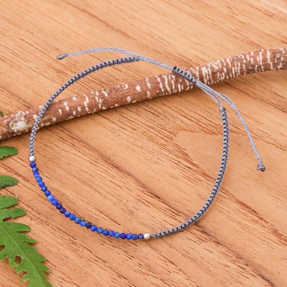Lapis Lazuli Beaded Pendant Bracelet with Grey Macrame Cord 'Ocean Delicacy'