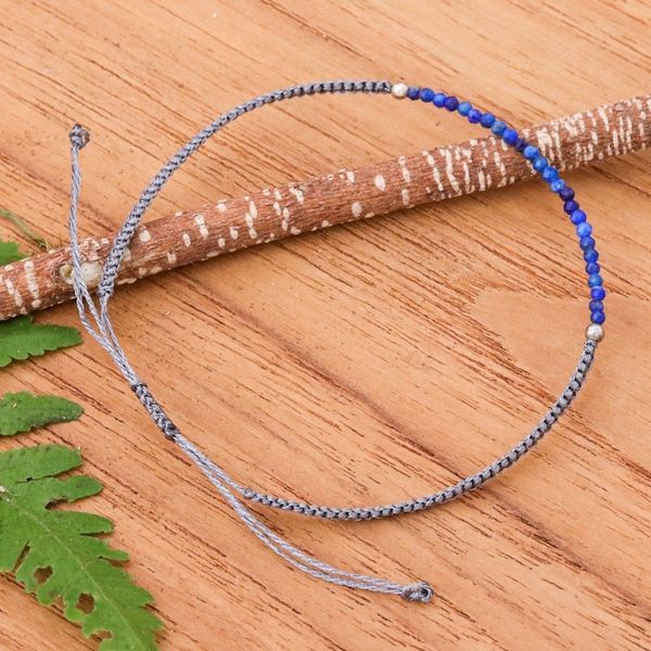 Alternate image for Lapis Lazuli Beaded Pendant Bracelet with Grey Macrame Cord Ocean Delicacy