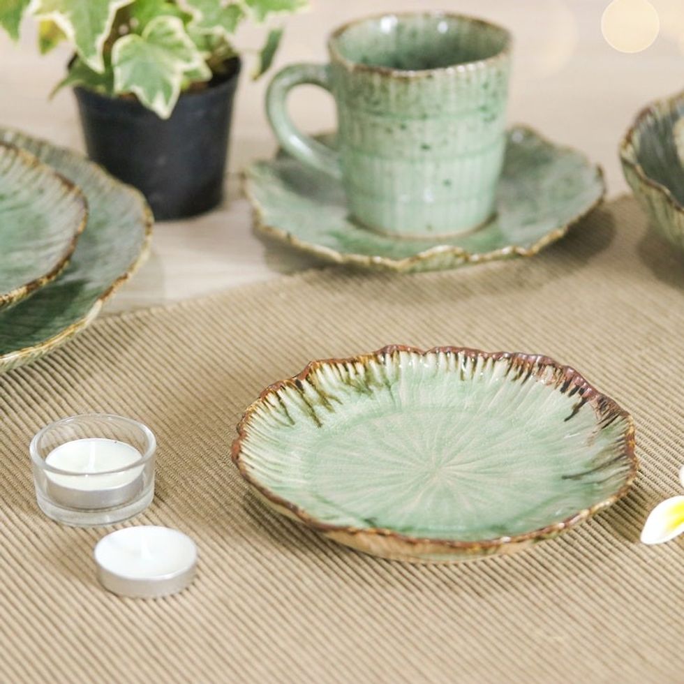 Lotus-Themed Speckled Green Celadon Ceramic Appetizer Plate 'Lotus Table'