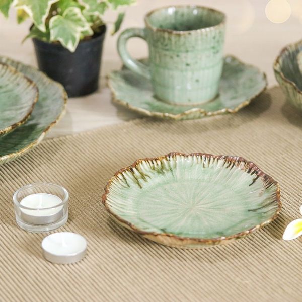 Alternate image for Lotus-Themed Speckled Green Celadon Ceramic Appetizer Plate Lotus Table