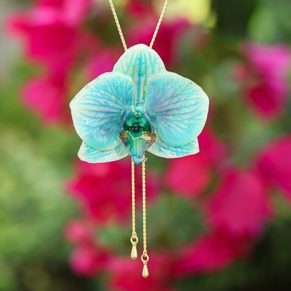 Turquoise Orchid Lariat Necklace with 22k Gold-Plated Chain 'River Fantasy'