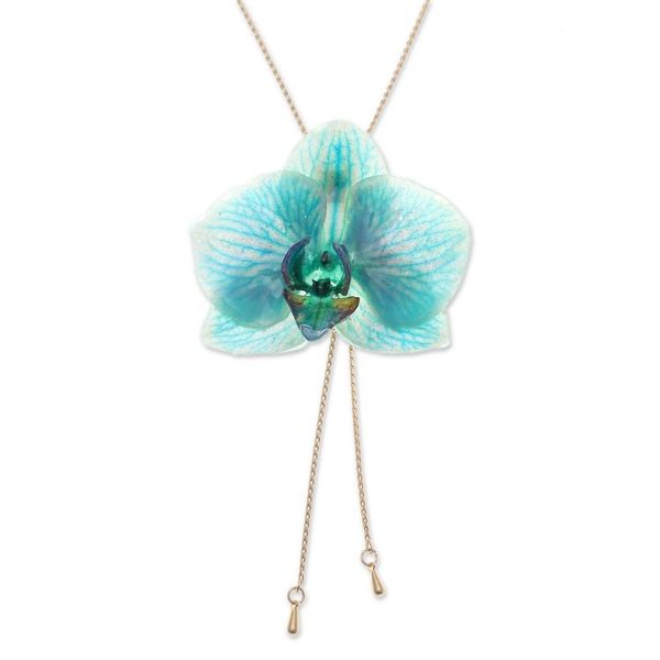 Alternate image for Turquoise Orchid Lariat Necklace with 22k Gold-Plated Chain River Fantasy