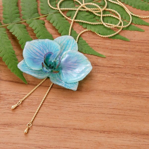 Alternate image for Turquoise Orchid Lariat Necklace with 22k Gold-Plated Chain River Fantasy