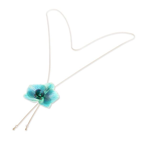 Alternate image for Turquoise Orchid Lariat Necklace with 22k Gold-Plated Chain River Fantasy