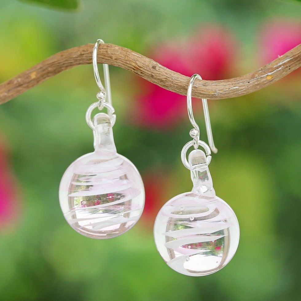 Handblown Glass Dangle Earrings with Pink White Spirals 'Pink Ball'