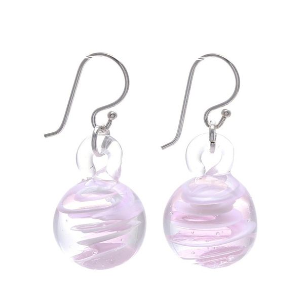 Alternate image for Handblown Glass Dangle Earrings with Pink White Spirals Pink Ball