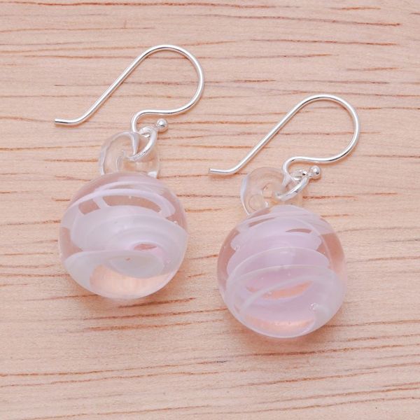 Alternate image for Handblown Glass Dangle Earrings with Pink White Spirals Pink Ball