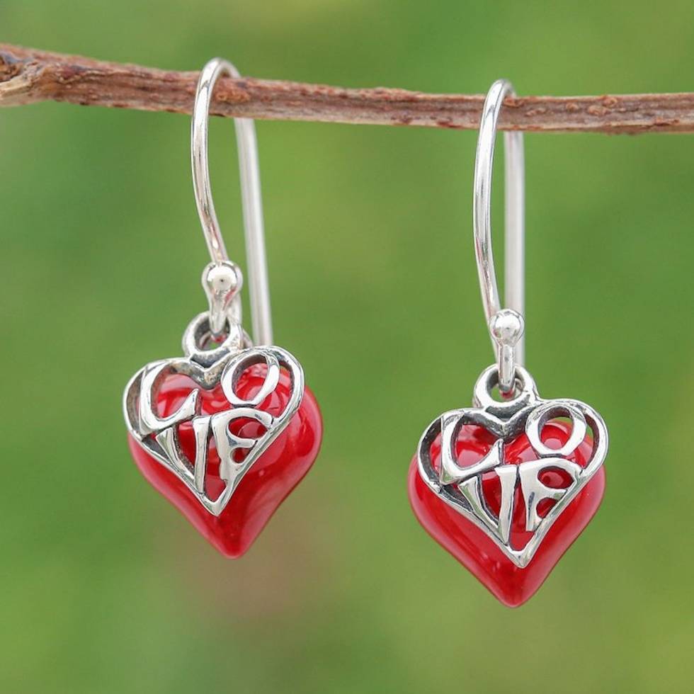 Heart-Themed Vitreous Enamel Sterling Silver Dangle Earrings 'Hearts Run Free'