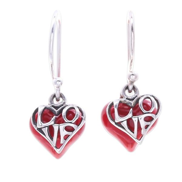 Alternate image for Heart-Themed Vitreous Enamel Sterling Silver Dangle Earrings Hearts Run Free