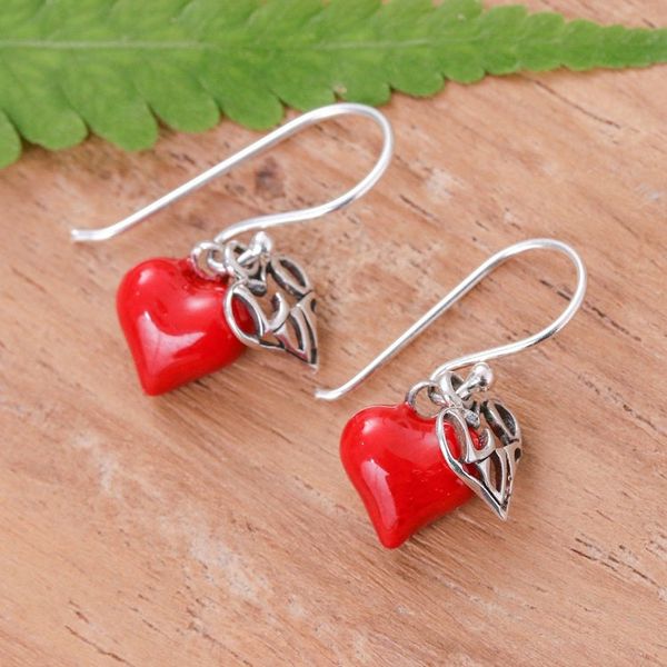 Alternate image for Heart-Themed Vitreous Enamel Sterling Silver Dangle Earrings Hearts Run Free