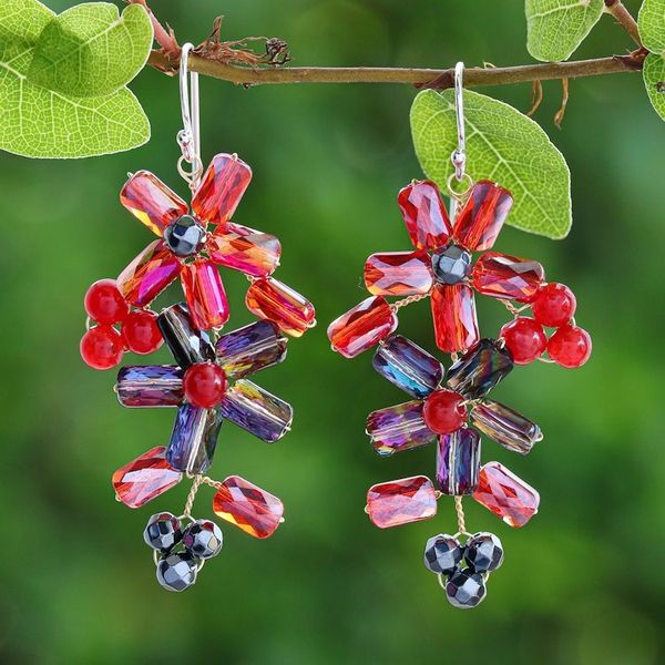 Alternate image for Thai-Made Floral Red Quartz and Glass Beaded Dangle Earrings Fire Spring