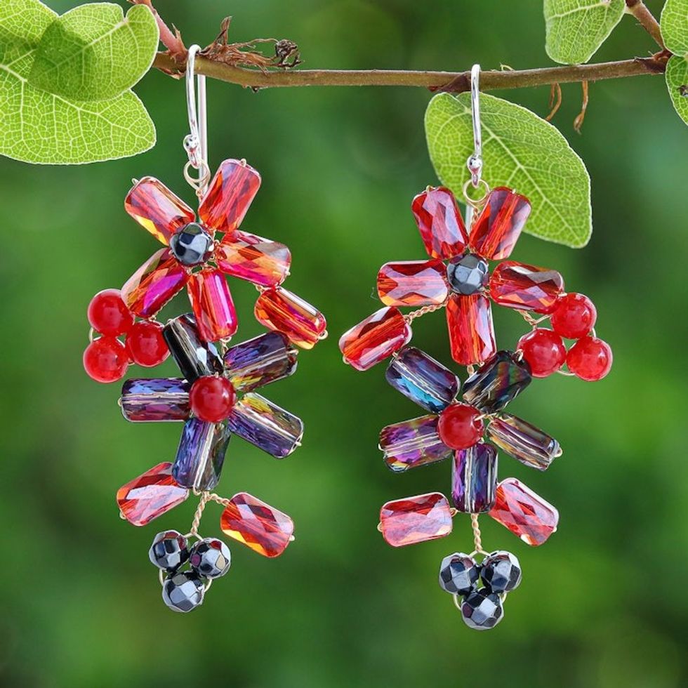 Thai-Made Floral Red Quartz and Glass Beaded Dangle Earrings 'Fire Spring'