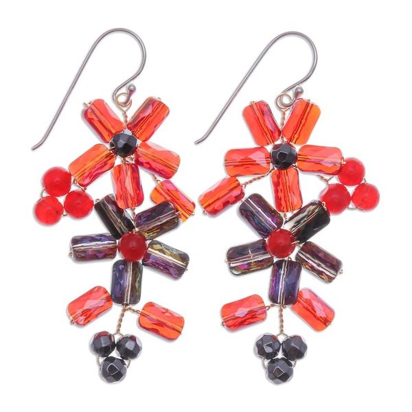 Alternate image for Thai-Made Floral Red Quartz and Glass Beaded Dangle Earrings Fire Spring
