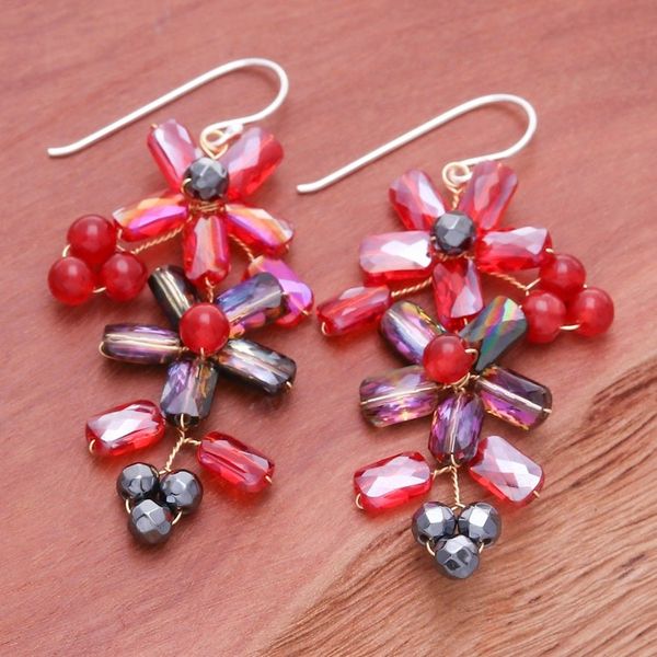 Alternate image for Thai-Made Floral Red Quartz and Glass Beaded Dangle Earrings Fire Spring