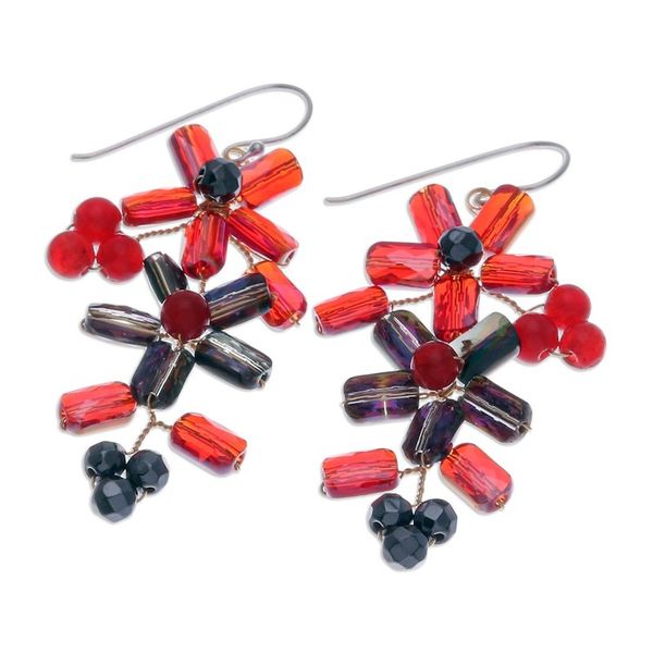 Alternate image for Thai-Made Floral Red Quartz and Glass Beaded Dangle Earrings Fire Spring